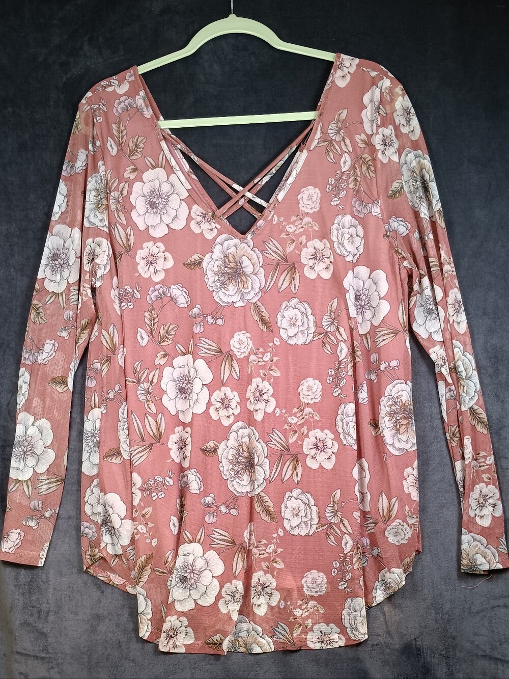 Vibe Dusty Rose Floral Crisscross V-Neck Tunic. LINED
